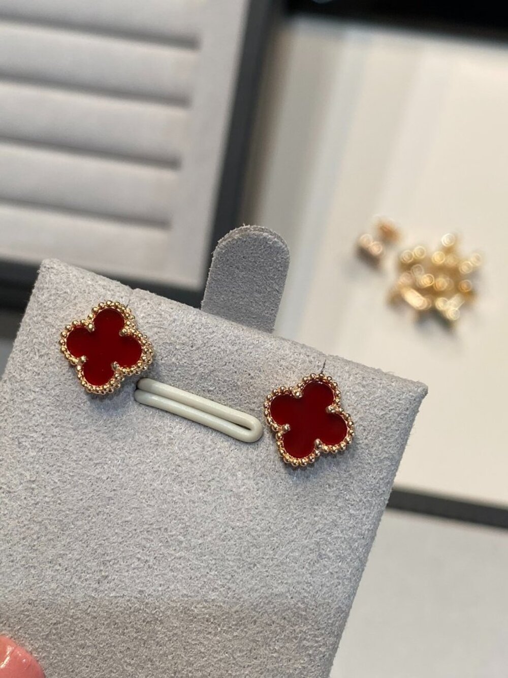 Van Cleef & Arpels Red Alhambra CloverStud Earrings in Gold